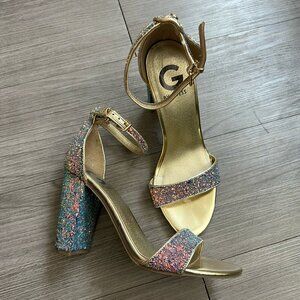 G By Guess Shantel Gold Rainbow Glitter Party Strappy Block Heels Size W7